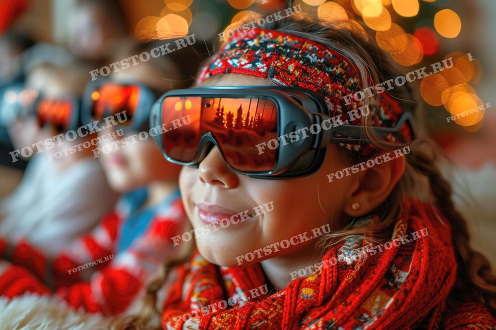На фотографии изображены дети, носящие виртуальные очки, сидящие рядом с рождественской елкой. Праздничные огни и украшения создают атмосферу волшебства и радости, сочетая традиции и современные технологии.